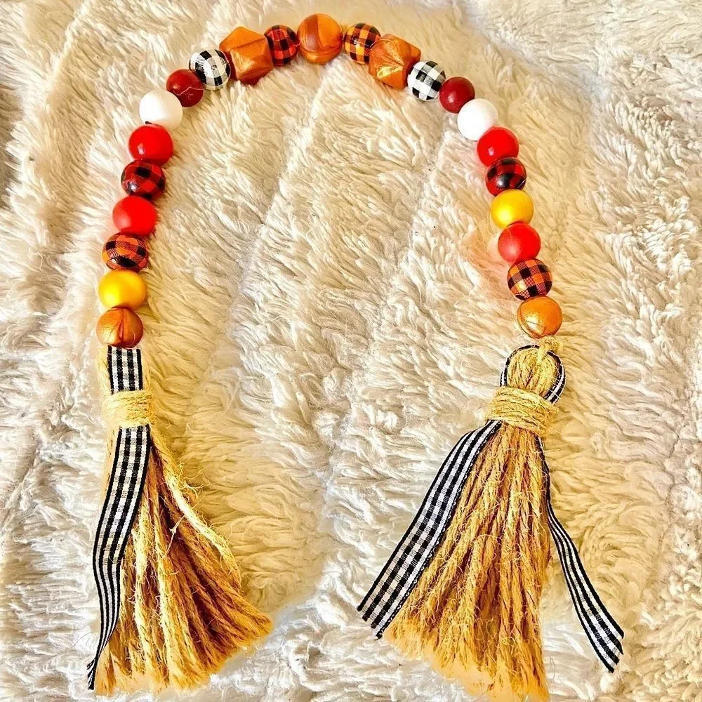 NEW Wood Bead Garland with Plaid Tassels